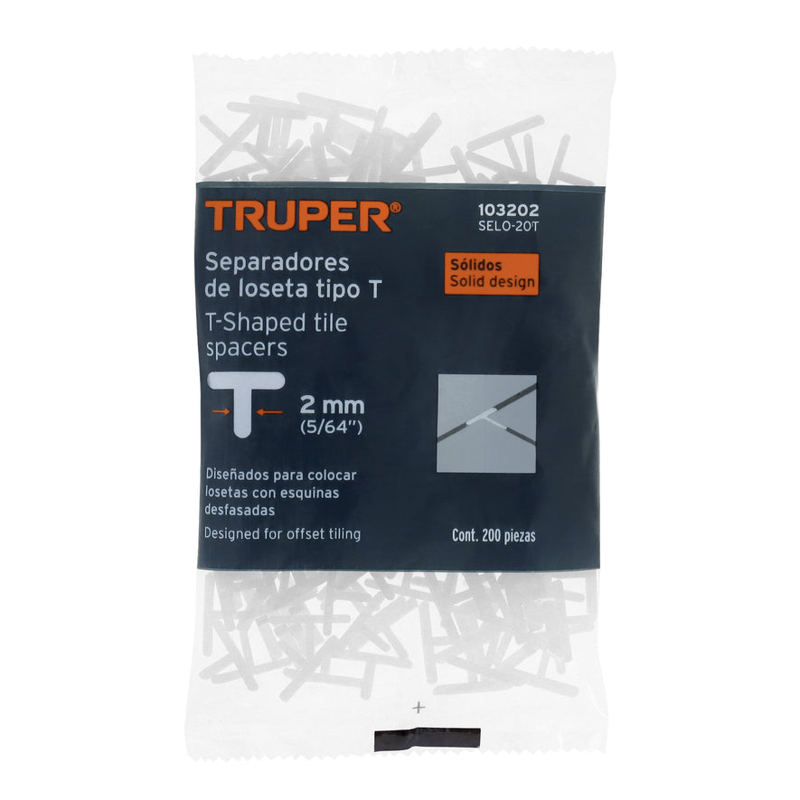 Bolsa con 200 separadores 'T' de 2 mm de losetas, TRUPER Caja con 6, 103202