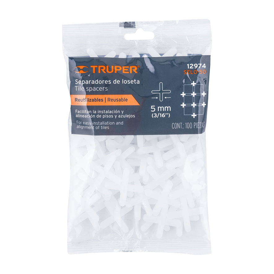 Bolsa con 100 separadores de 5 mm de losetas, TRUPER Caja con 6, 12974