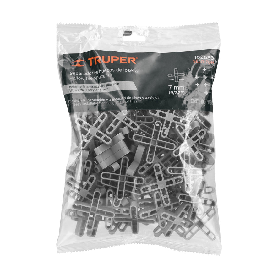 Bolsa con 100 separadores huecos de 7mm para losetas, Truper Caja con 6, 102683