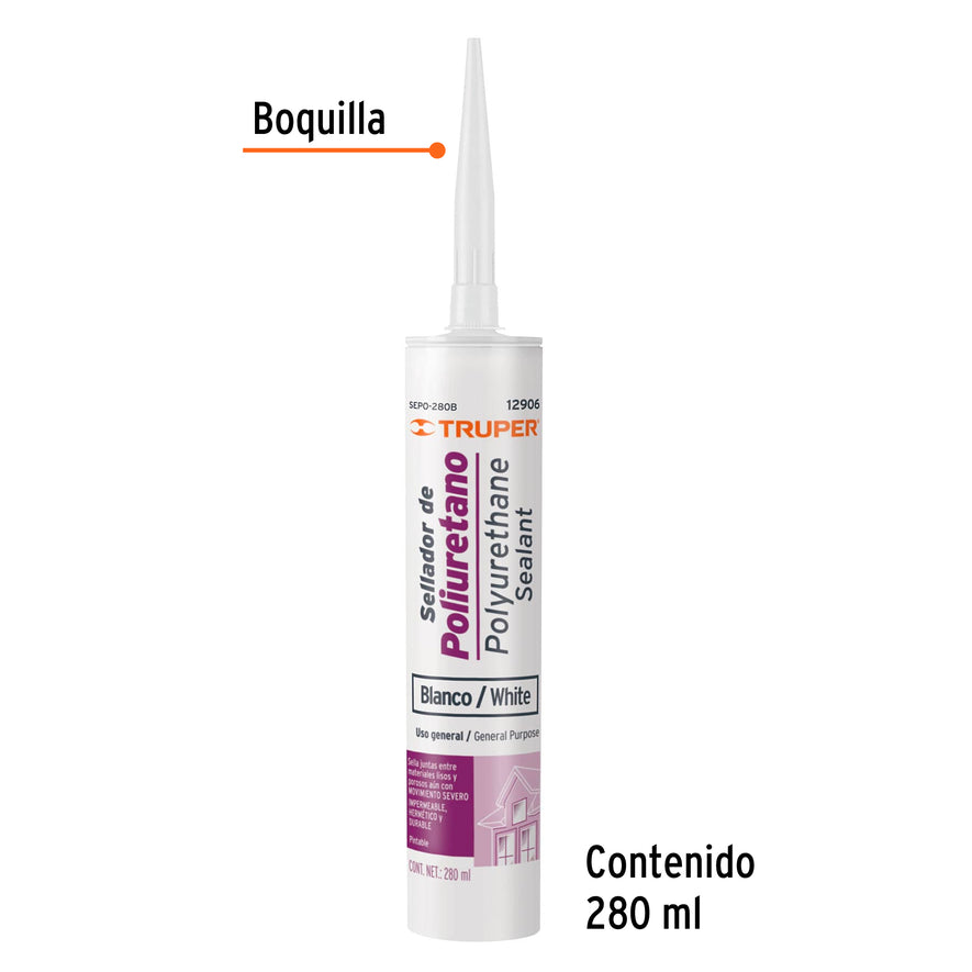 Sellador de poliuretano de 280 ml, blanco, Truper Caja con 6, 12906