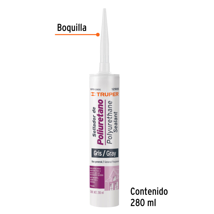 Sellador de poliuretano de 280 ml, gris, Truper Caja con 6, 12905