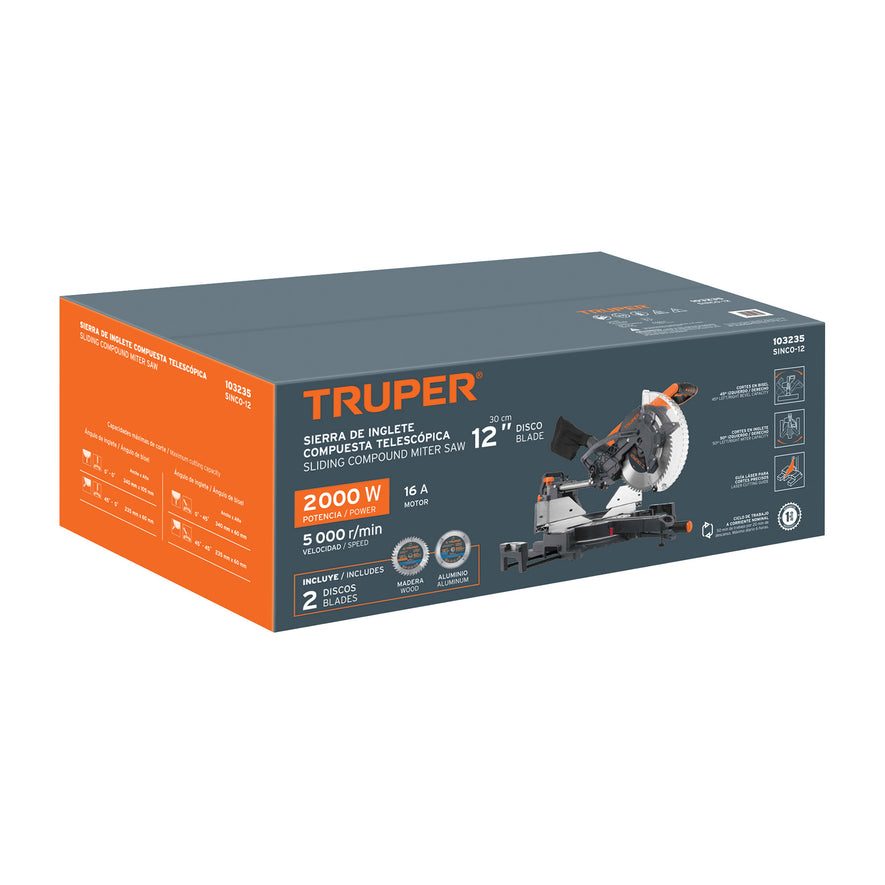 Sierra de inglete 12', 2000W telescópica compuesta, TRUPER, 103235