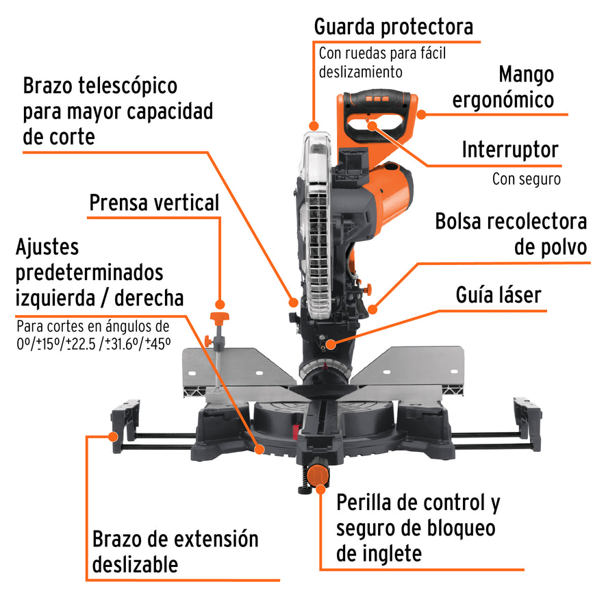 Sierra de inglete 12', 2000W telescópica compuesta, TRUPER, 103235