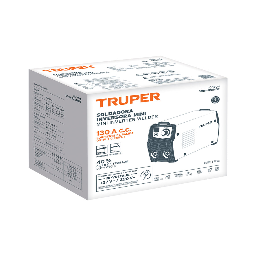 Mini soldadora inversora, 130A, Bi-voltaje 127/220V, TRUPER, 103704