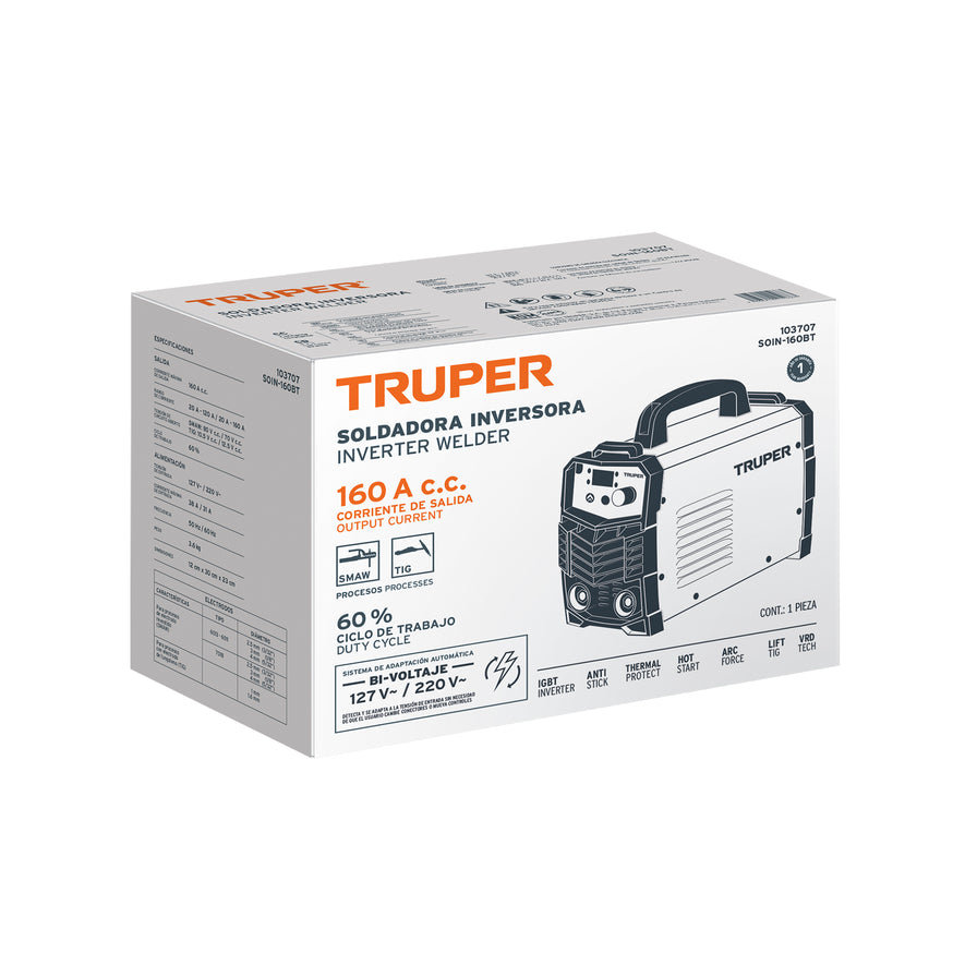 Soldadora inversora 160A, Bi-voltaje 127/220V, TRUPER, 103707