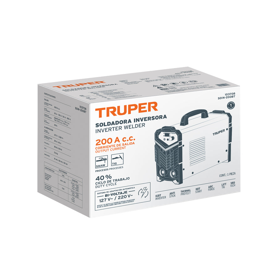 Soldadora inversora 200A, Bi-voltaje 127/220V, TRUPER, 103708