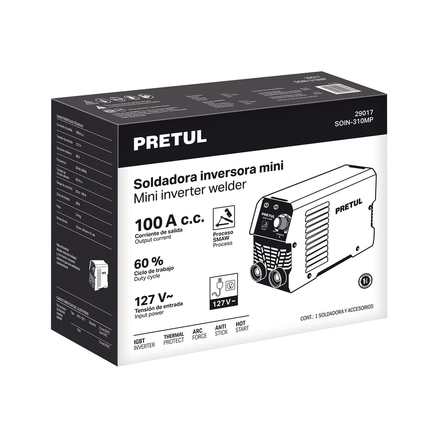 Mini soldadora inversora 100A, Serie 300, 127V, PRETUL, 29017