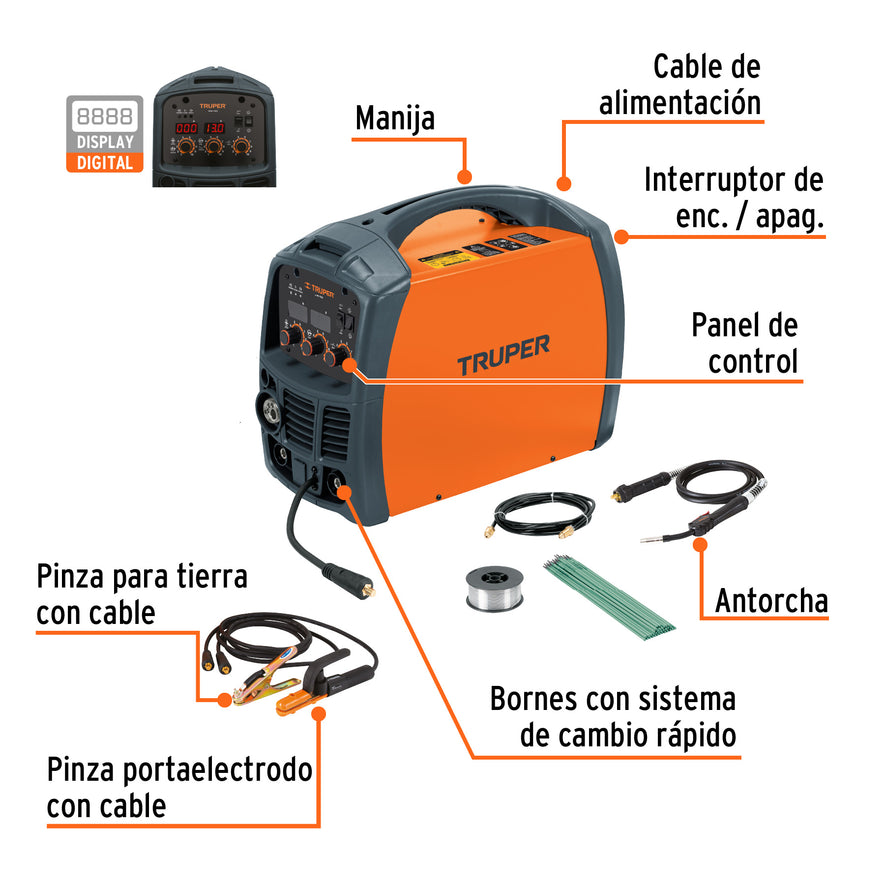 Soldadora para microalambre y electrodo, 130 A, Truper, 13191