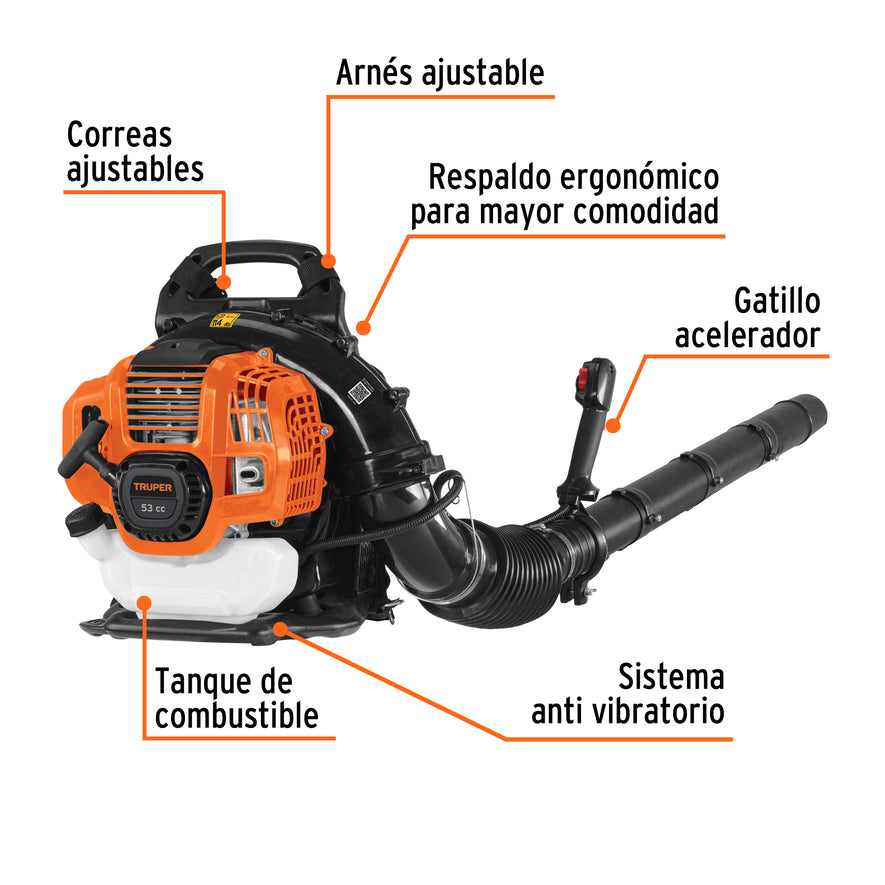 Sopladora con motor de 53cc a gasolina, tipo mochila, Truper, 102970