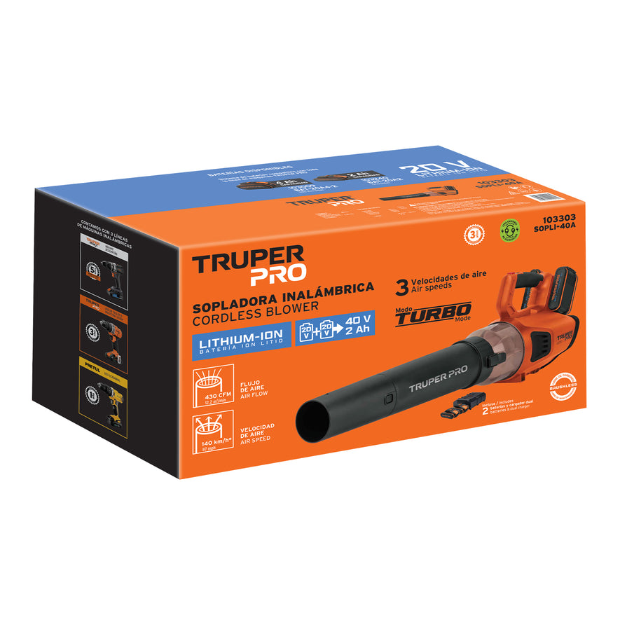 Sopladora inalámbrica 40V, 2 baterías 2Ah, 1 carg.dual, PRO, 103303