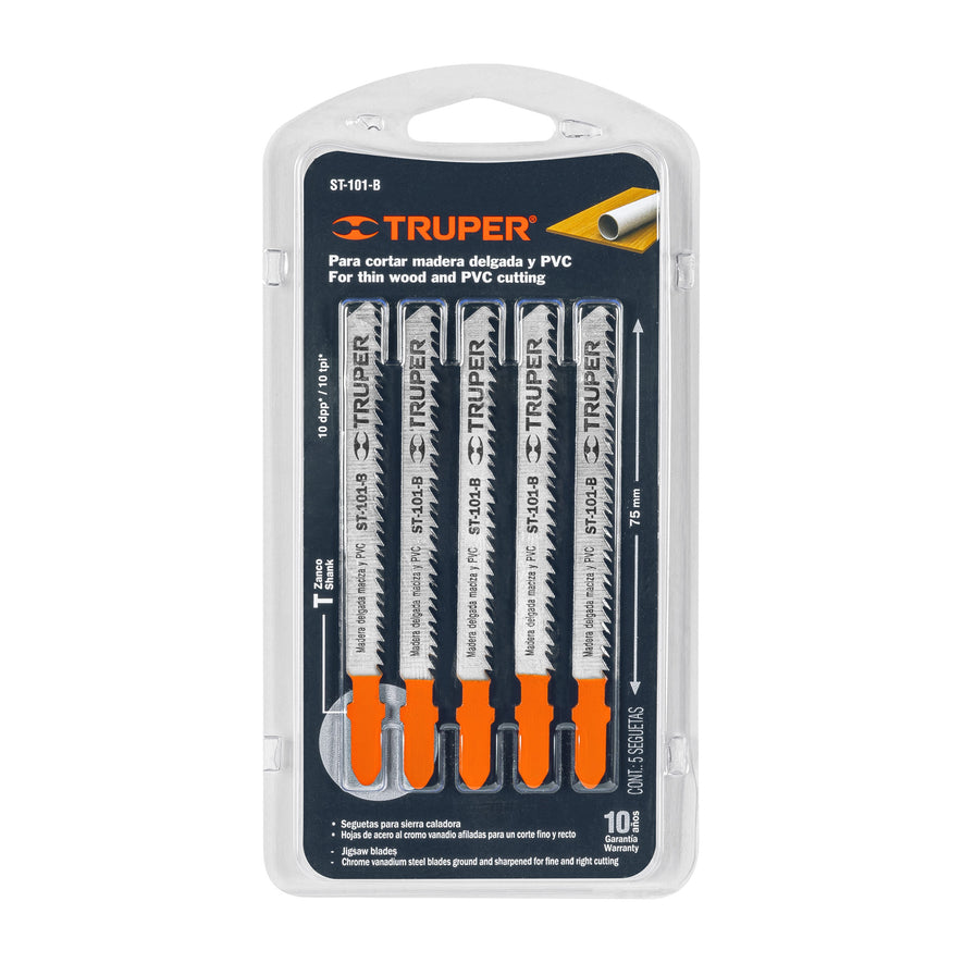 Blíster con 5 seguetas 10 DPP zanco 'T' corte recto madera Caja con 10, 18124