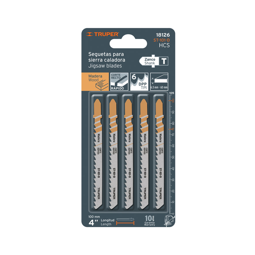 Blíster con 5 seguetas 6 DPP zanco 'T' corte recto madera Caja con 10, 18126