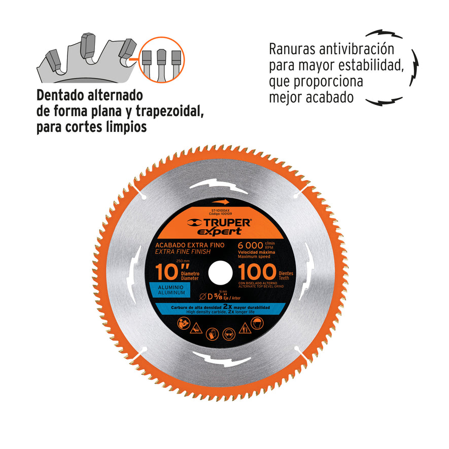 Disco sierra 10' p/aluminio, 100 dientes centro 5/8', Expert, 100109