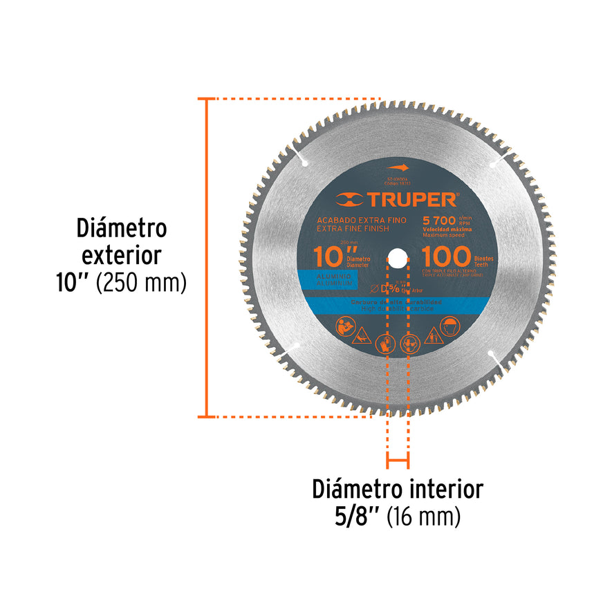 Disco sierra 10' para aluminio, 100 dientes centro 5/8', 18313