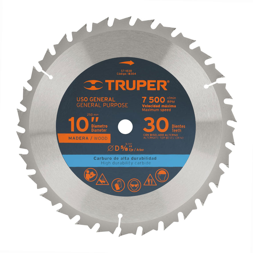 Disco sierra 10' para madera, 30 dientes centro 5/8', Truper Caja con 3, 18304
