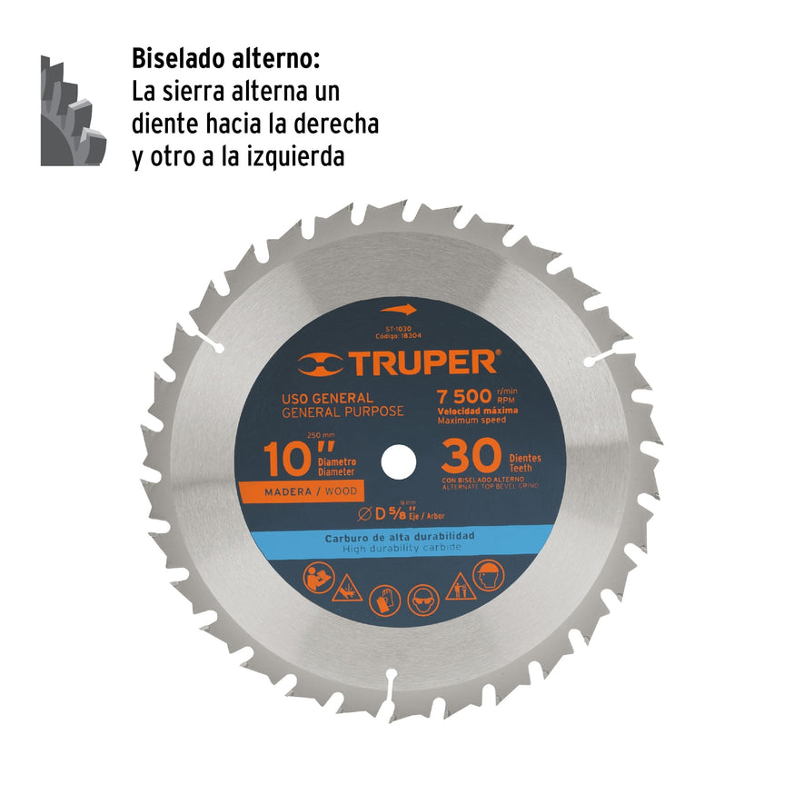Disco sierra 10' para madera, 30 dientes centro 5/8', Truper Caja con 3, 18304