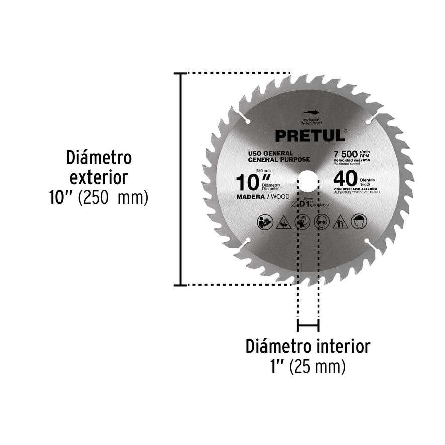 Disco sierra 10' para madera, 40 dientes centro 1', Pretul Caja con 3, 27057