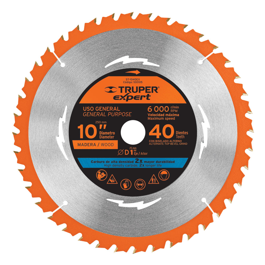 Disco sierra 10' para madera, 40 dientes centro 1', Expert, 100105