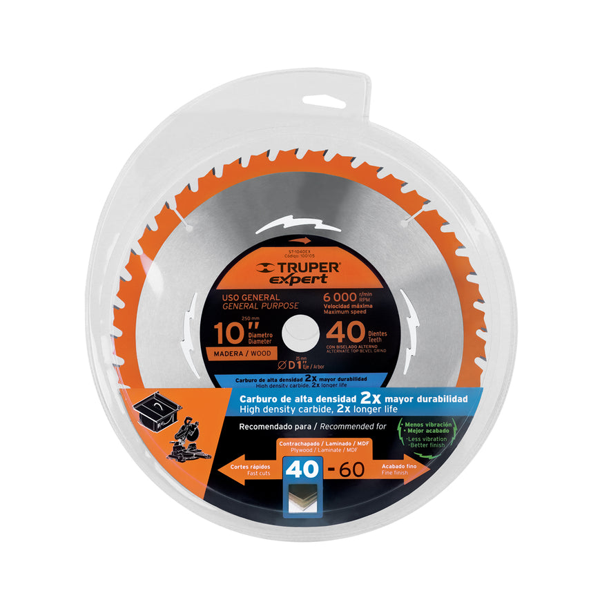 Disco sierra 10' para madera, 40 dientes centro 1', Expert, 100105