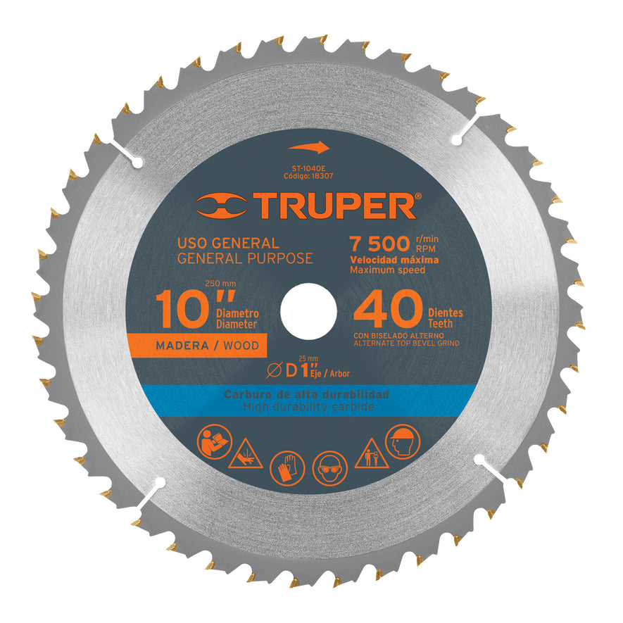 Disco sierra 10' para madera, 40 dientes centro 1', Truper Caja con 3, 18307