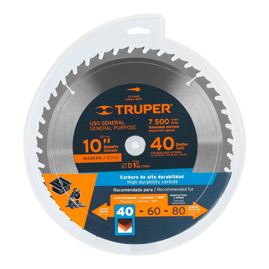 Disco sierra 10' para madera, 40 dientes centro 1', Truper Caja con 3, 18307