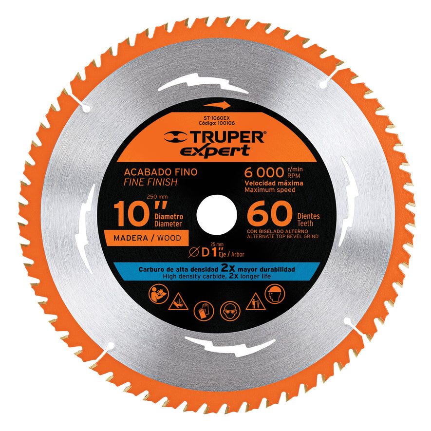 Disco sierra 10' para madera, 60 dientes centro 1', Expert, 100106