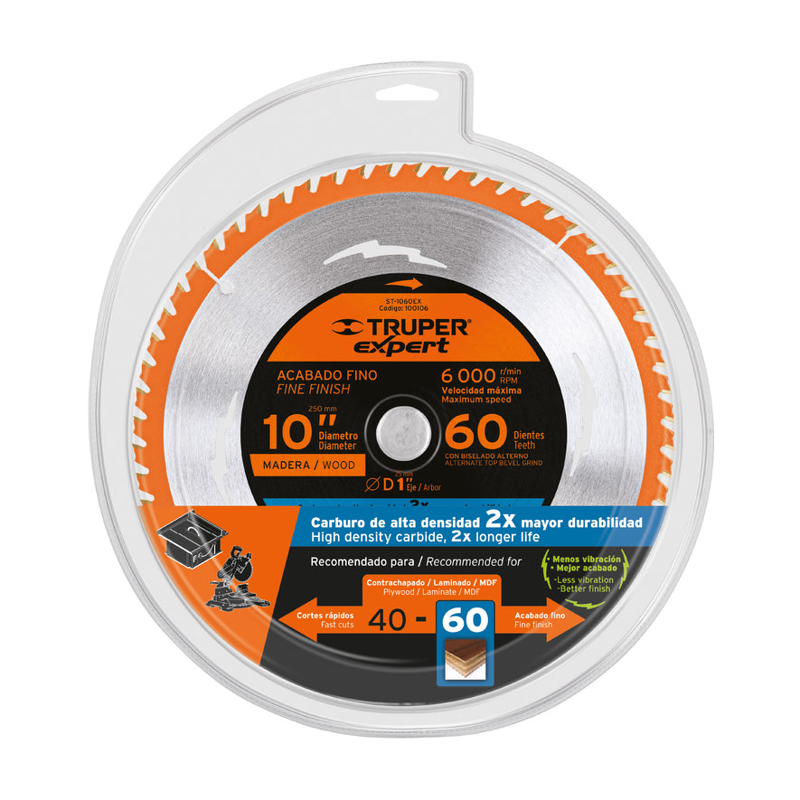 Disco sierra 10' para madera, 60 dientes centro 1', Expert, 100106