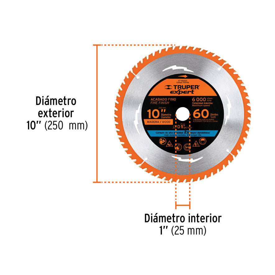Disco sierra 10' para madera, 60 dientes centro 1', Expert, 100106