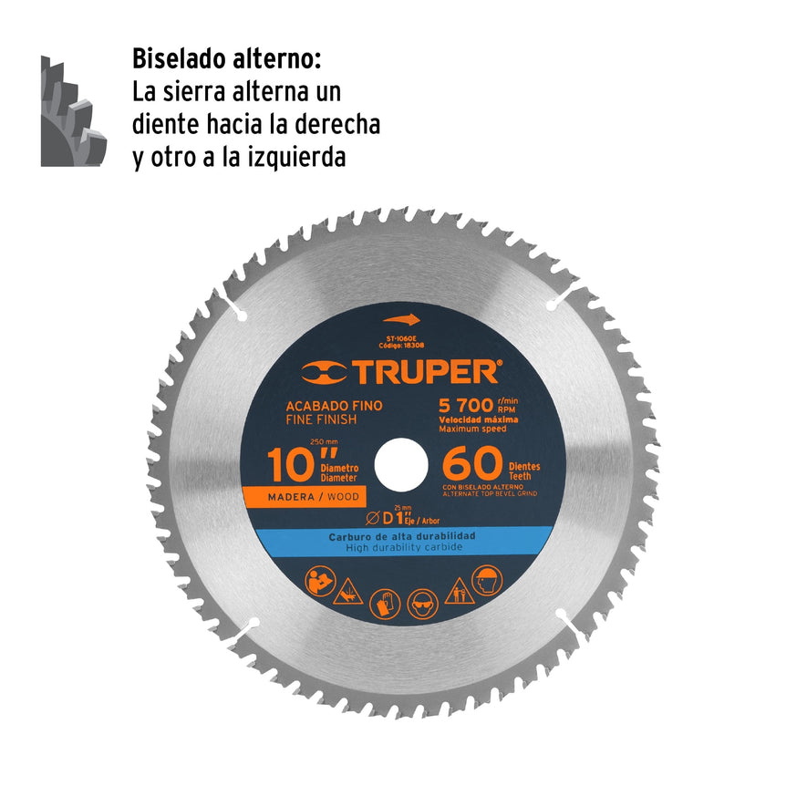 Disco sierra 10' para madera, 60 dientes centro 1', Truper Caja con 3, 18308
