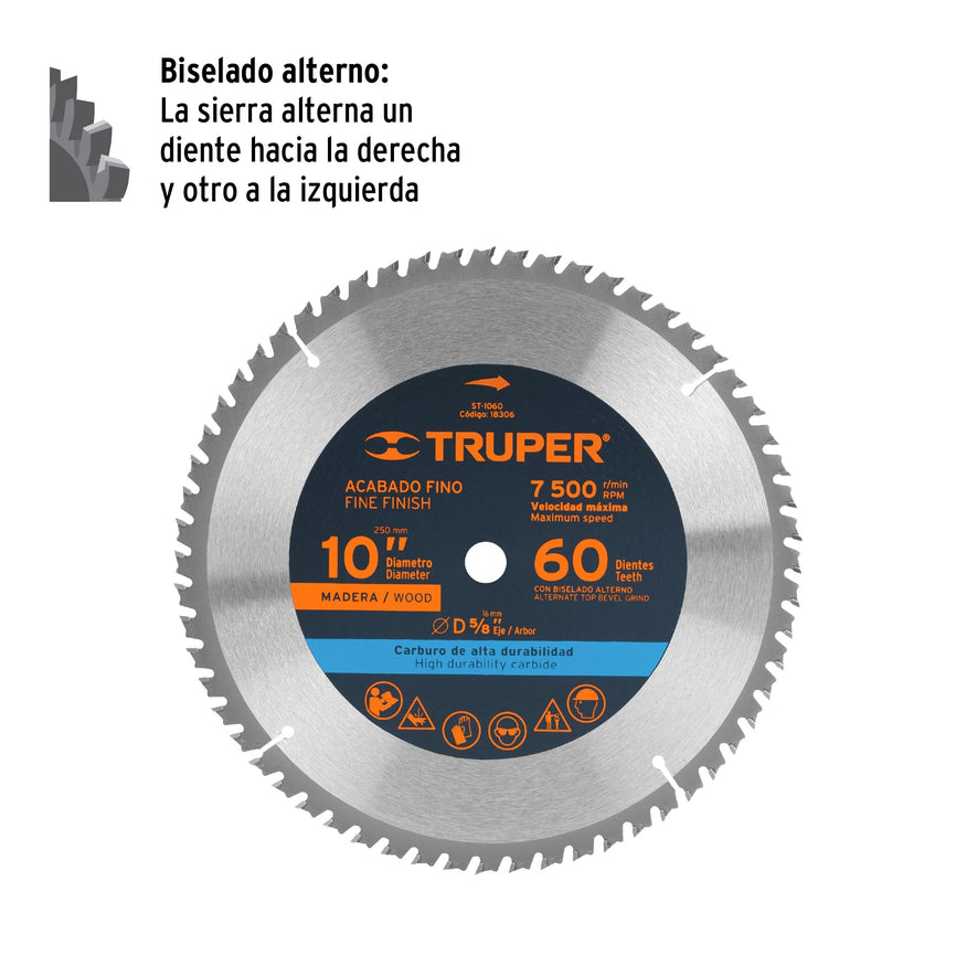 Disco sierra 10' para madera, 60 dientes centro 5/8', Truper Caja con 3, 18306