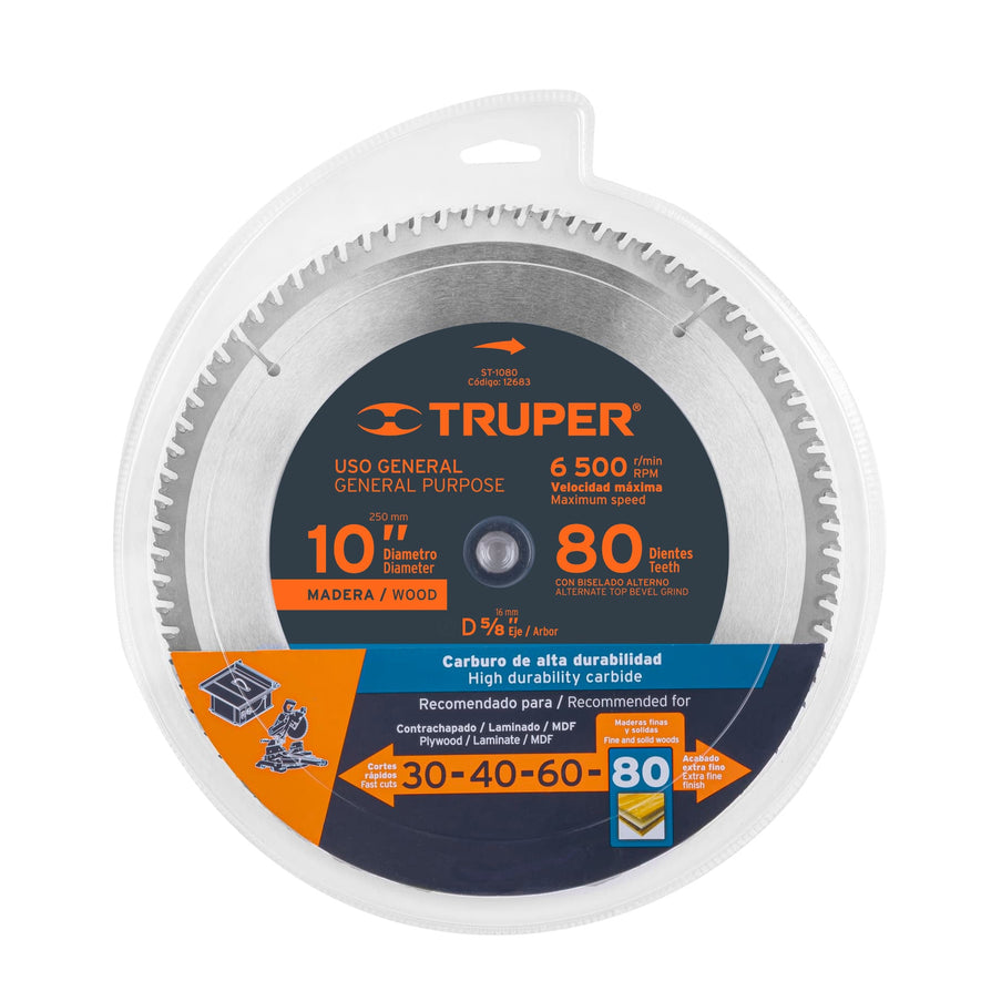 Disco sierra 10' para madera, 80 dientes centro 5/8', Truper Caja con 3, 12683