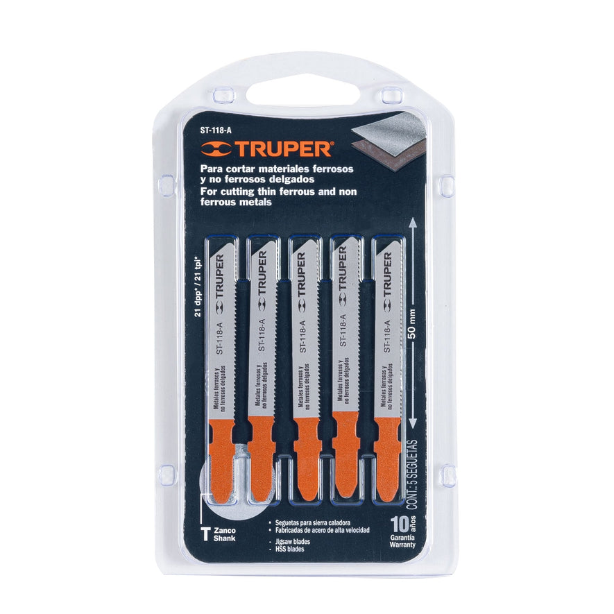 Blíster con 5 seguetas 21 DPP zanco 'T' corte recto metal Caja con 10, 18128