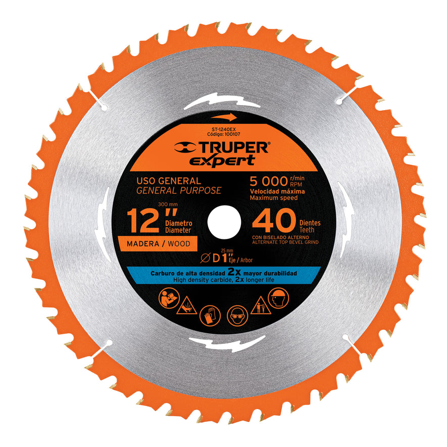 Disco sierra 12' para madera, 40 dientes centro 1', Expert, 100107