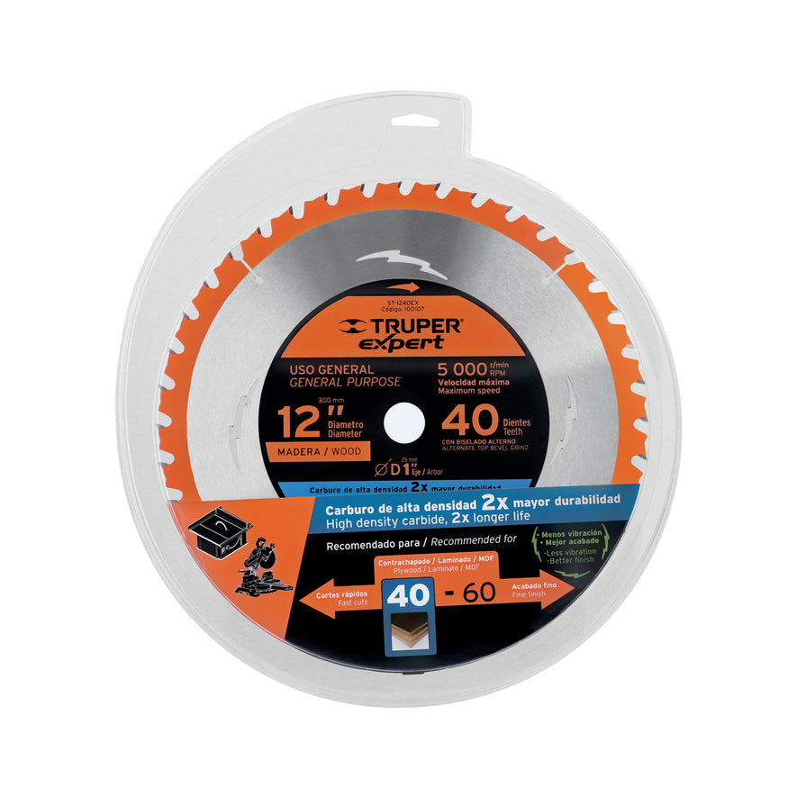 Disco sierra 12' para madera, 40 dientes centro 1', Expert, 100107