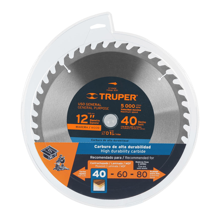 Disco sierra 12' para madera, 40 dientes centro 1', Truper, 18311