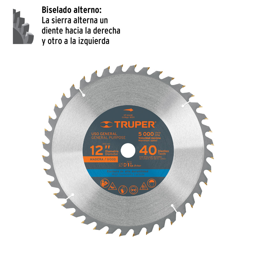 Disco sierra 12' para madera, 40 dientes centro 1', Truper, 18311