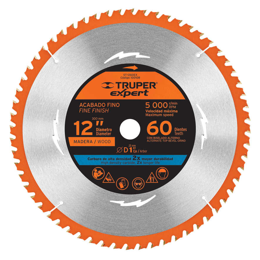 Disco sierra 12' para madera, 60 dientes centro 1', Expert, 100108