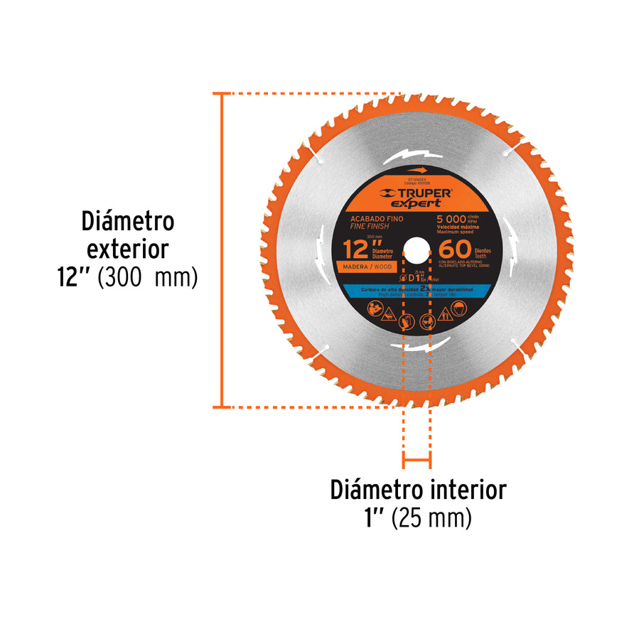 Disco sierra 12' para madera, 60 dientes centro 1', Expert, 100108