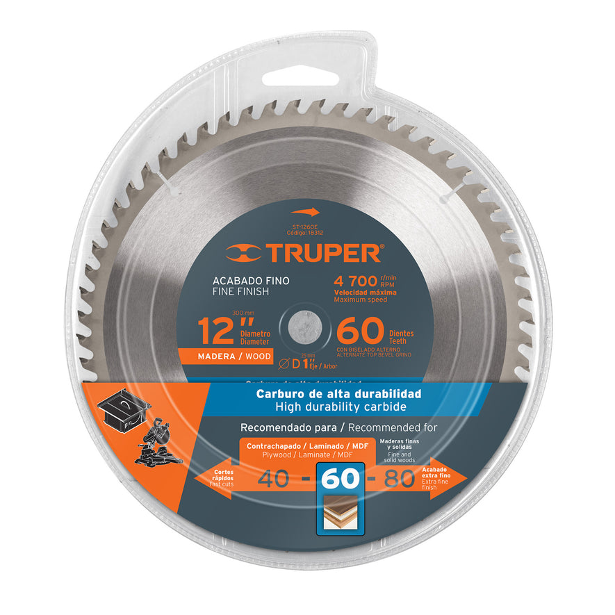 Disco sierra 12' para madera, 60 dientes centro 1', Truper, 18312