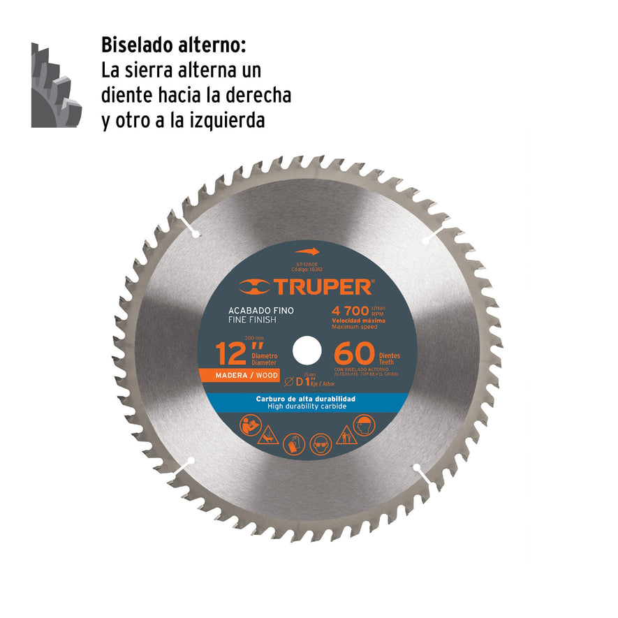 Disco sierra 12' para madera, 60 dientes centro 1', Truper, 18312