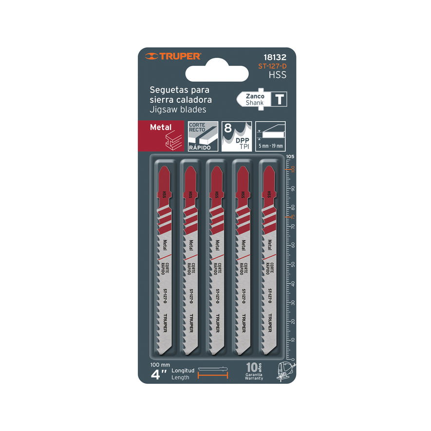 Blíster con 5 seguetas 8 DPP zanco 'T' corte recto metal Caja con 10, 18132