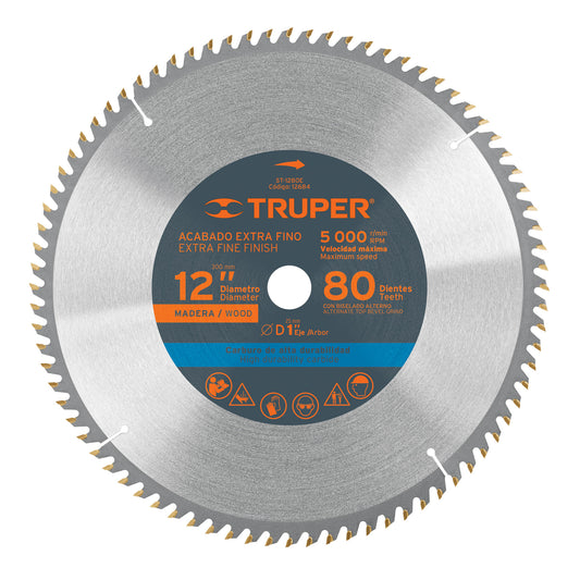 Disco sierra 12' para madera, 80 dientes centro 1', Truper, 12684
