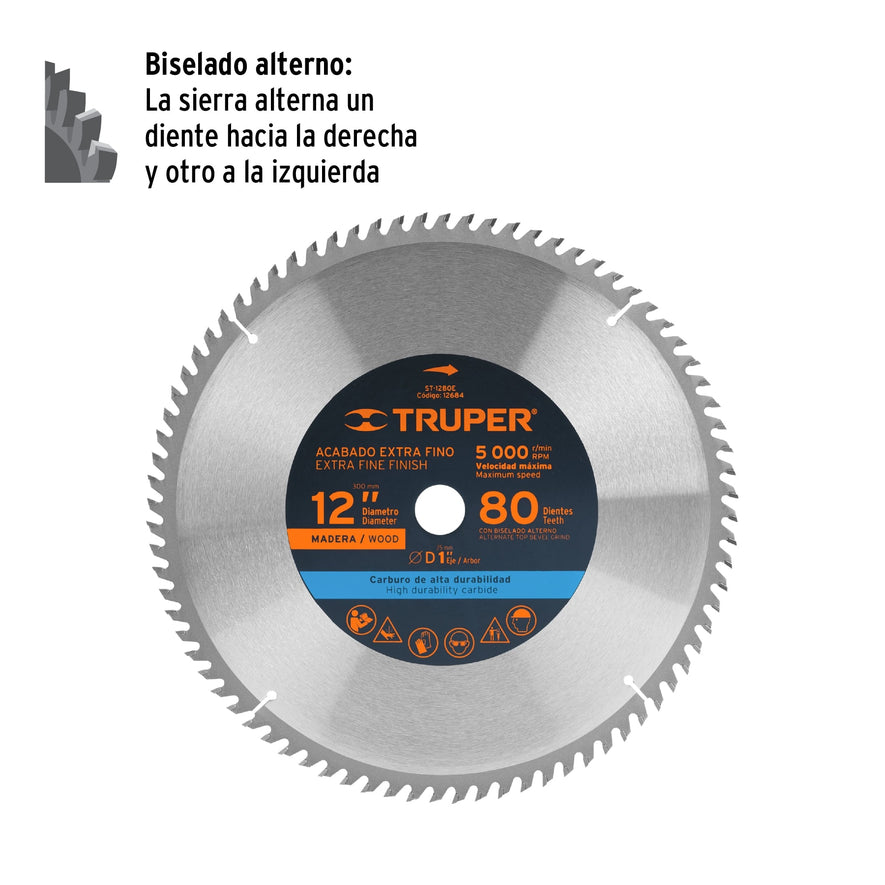 Disco sierra 12' para madera, 80 dientes centro 1', Truper, 12684