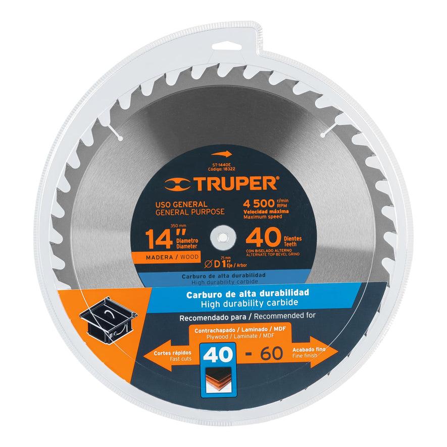 Disco sierra 14' para madera, 40 dientes centro 1', Truper, 18322