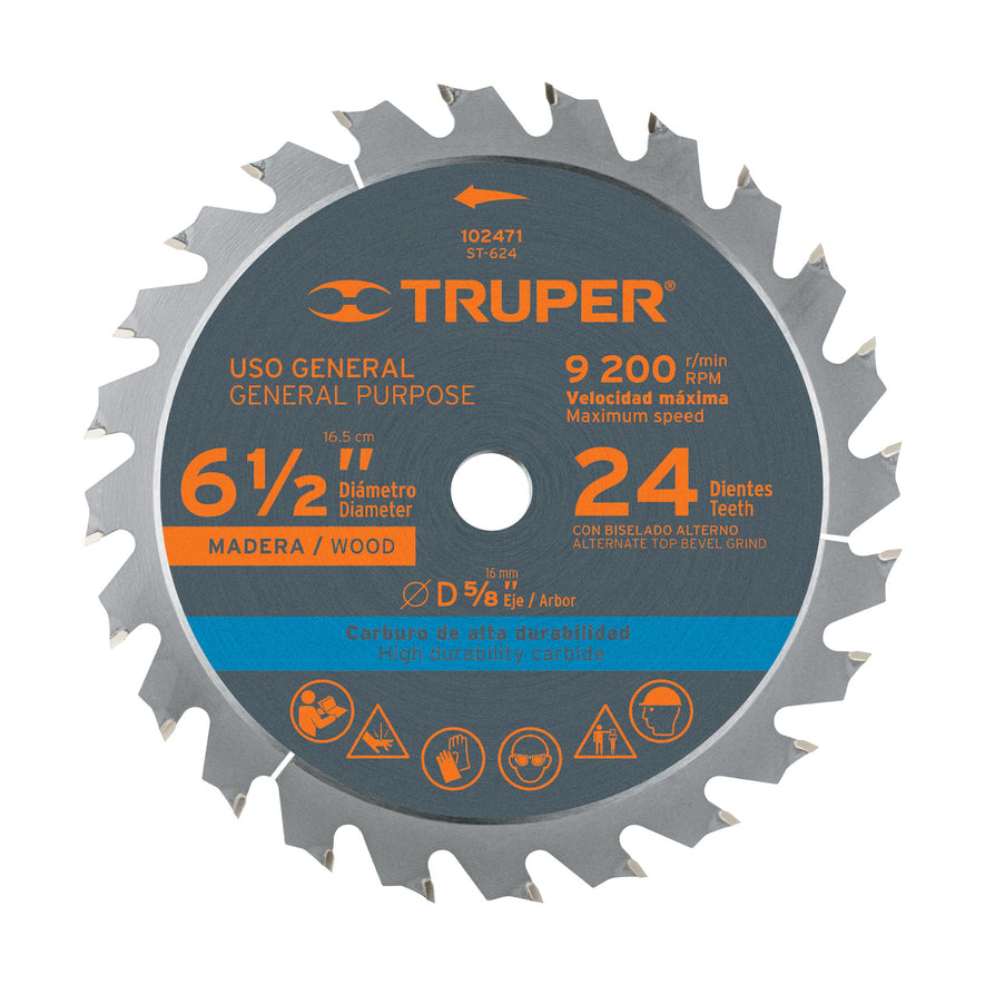 Disco sierra 6-1/2' p/madera, 24 dientes con centro 5/8' Caja con 3, 102471
