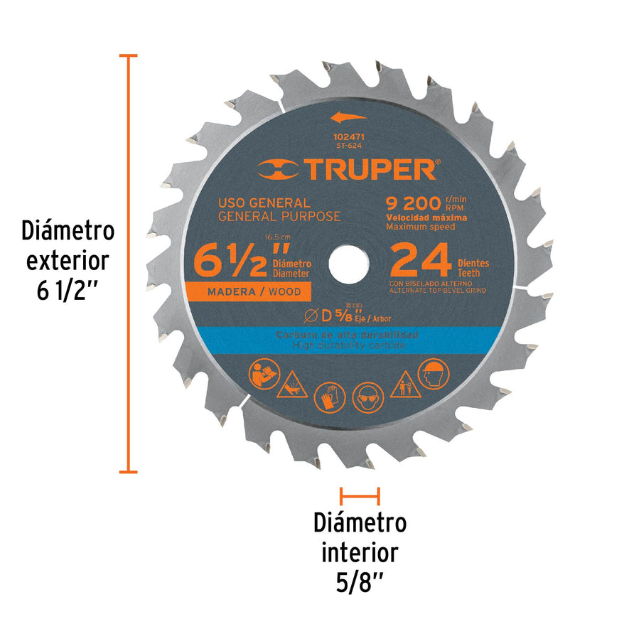 Disco sierra 6-1/2' p/madera, 24 dientes con centro 5/8' Caja con 3, 102471