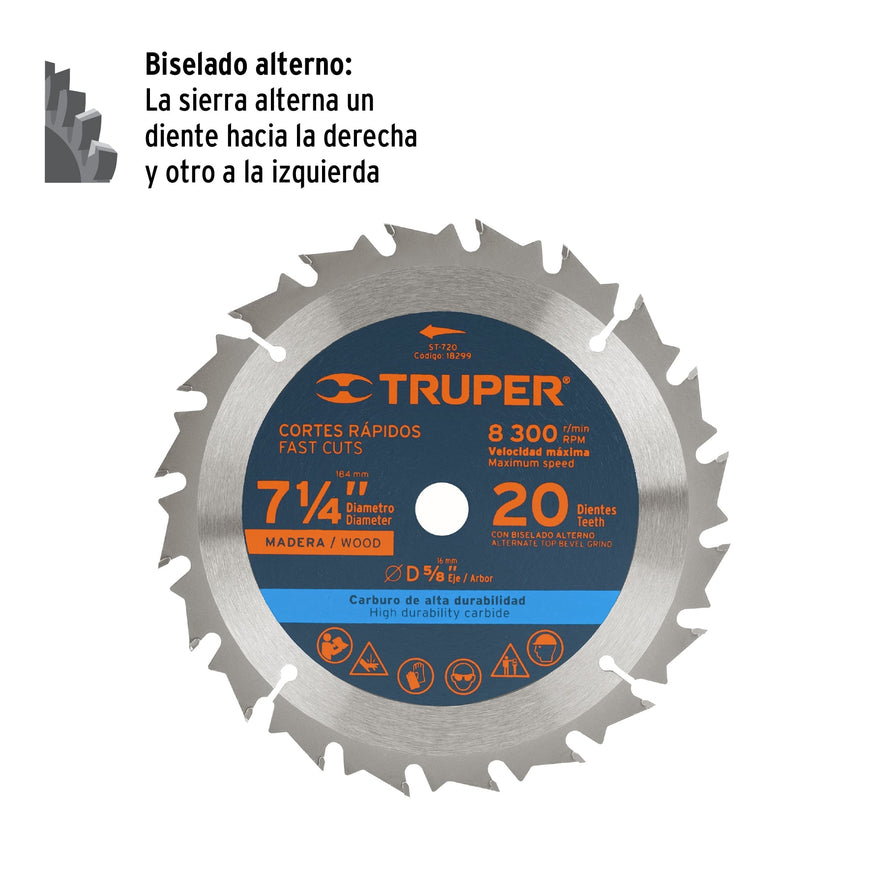 Disco sierra 7- 1/4' para madera, 20 dientes centro 5/8' Caja con 3, 18299