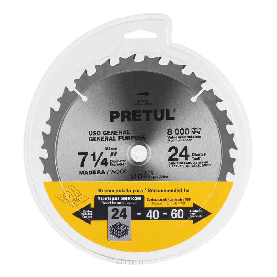 Disco sierra 7-1/4' p/madera, 24 dientes centro 5/8', Pretul Caja con 3, 27055