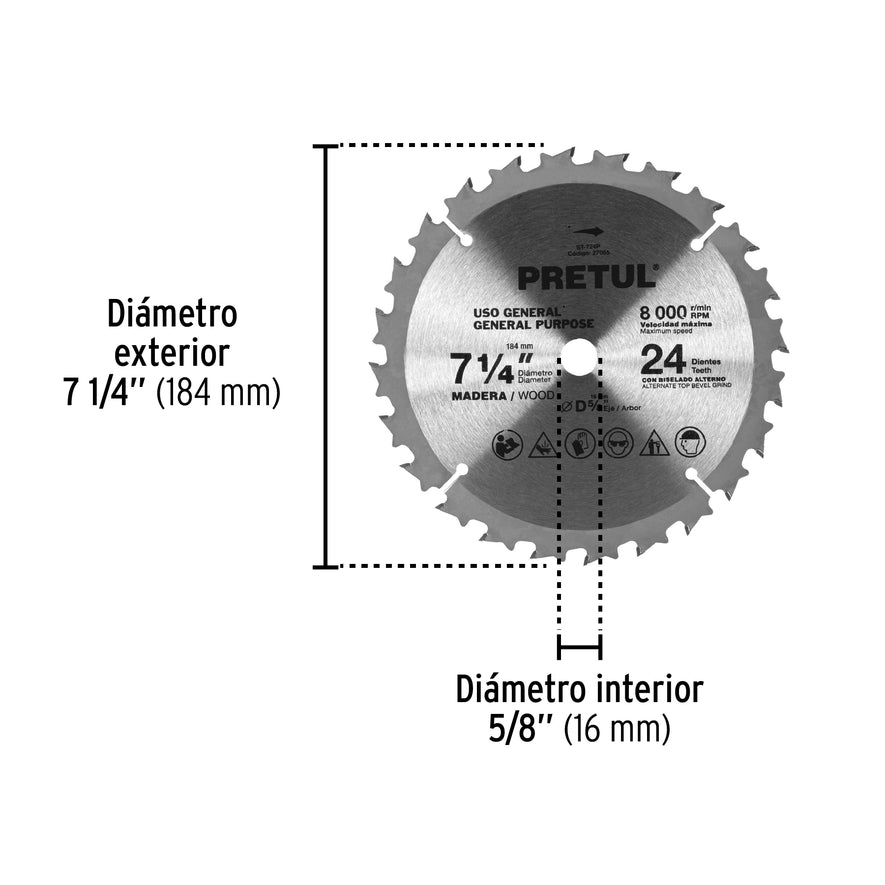 Disco sierra 7-1/4' p/madera, 24 dientes centro 5/8', Pretul Caja con 3, 27055