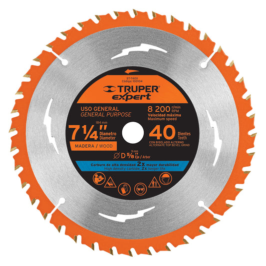 Disco sierra 7-1/4' p/madera, 40 dientes centro 5/8', Expert Caja con 3, 100104